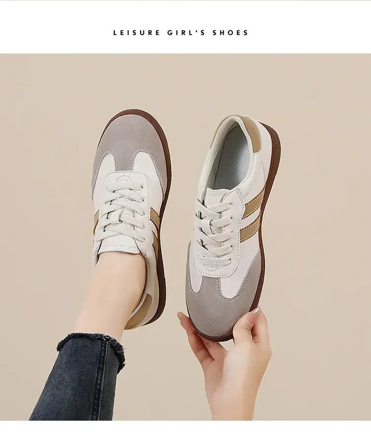 2024 Flat Luxury Shoes Women Autumn New Classic Ladies Sneakers Women Leather Retro Low Cut Lace -up Casual Round Toe Grey White