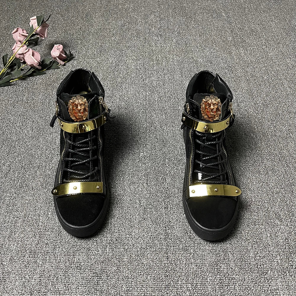 Men's High-Top Leather Casual Shoes - Designer Sneakers with Metal Buckle