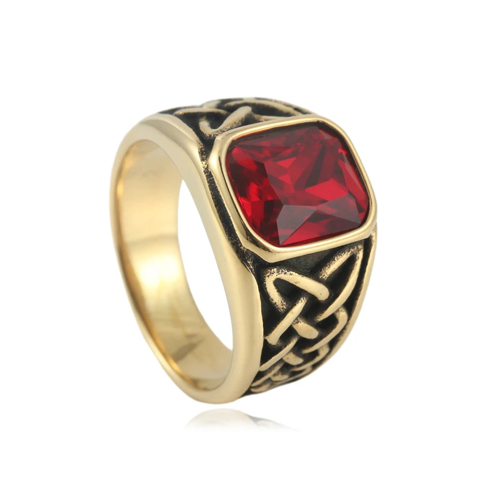 Punk Vintage Square Red Stone Signet Rings For Men Women Stainless Steel Nordic Vikings Knot Rune Ring Fashion Jewelry Wholesale