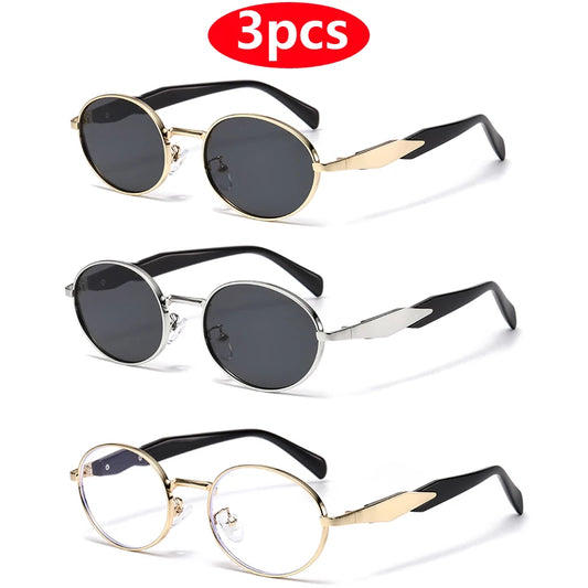 Car Sun Glasses 3pcs New  Metal Small Oval Sunglasses Women Trend High Quality Classic Men Luxury Brand Eyewear Unisex