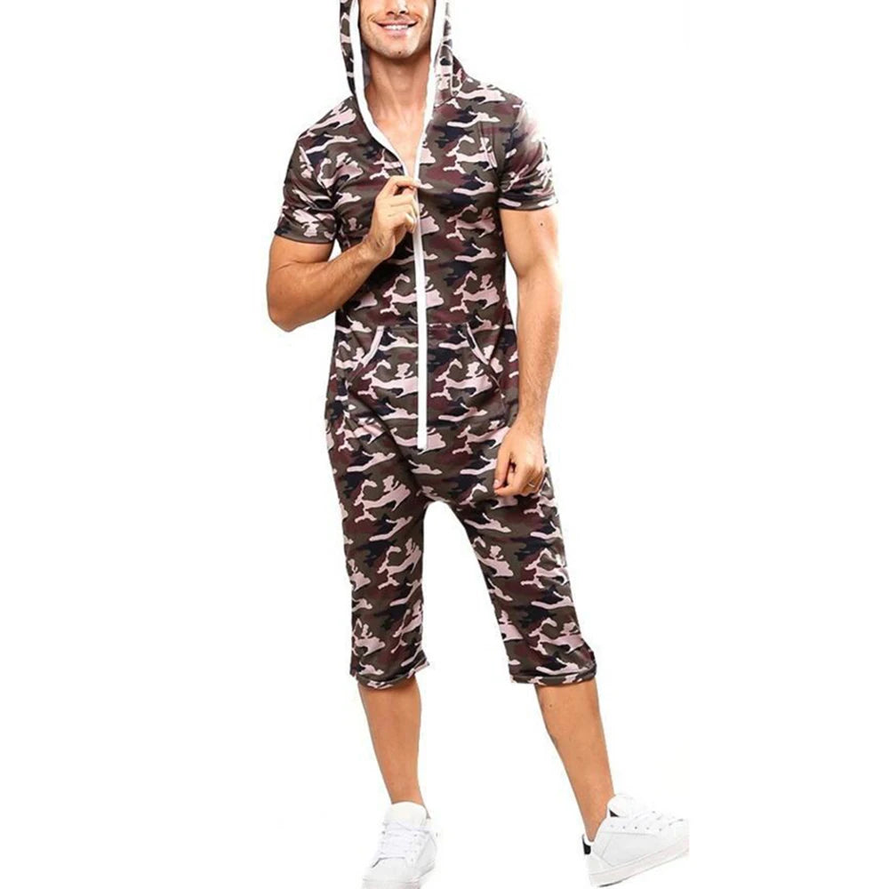 Men Short Sleeve Jumpsuit Sweatshirt Male Hoodies Zipper Overalls Bodysuit Rompers Short Pant Casual Home Wear Tracksuit Pajamas