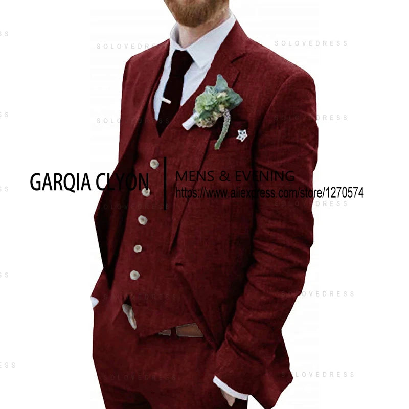 3 Piece Men's Retro Linen Men Suit Beach Wedding Suit Summer Slim Fit Linen Suit Groomsmen For Wedding(Blazer+Vest+Pants)