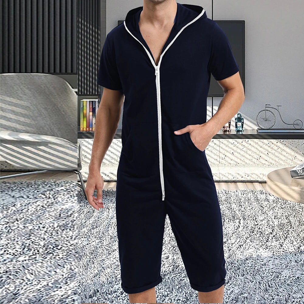 Men Short Sleeve Jumpsuit Sweatshirt Male Hoodies Zipper Overalls Bodysuit Rompers Short Pant Casual Home Wear Tracksuit Pajamas