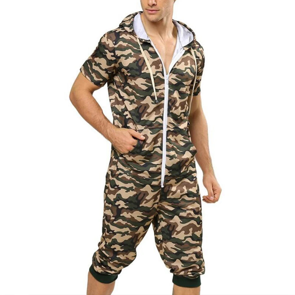 Men Short Sleeve Jumpsuit Sweatshirt Male Hoodies Zipper Overalls Bodysuit Rompers Short Pant Casual Home Wear Tracksuit Pajamas