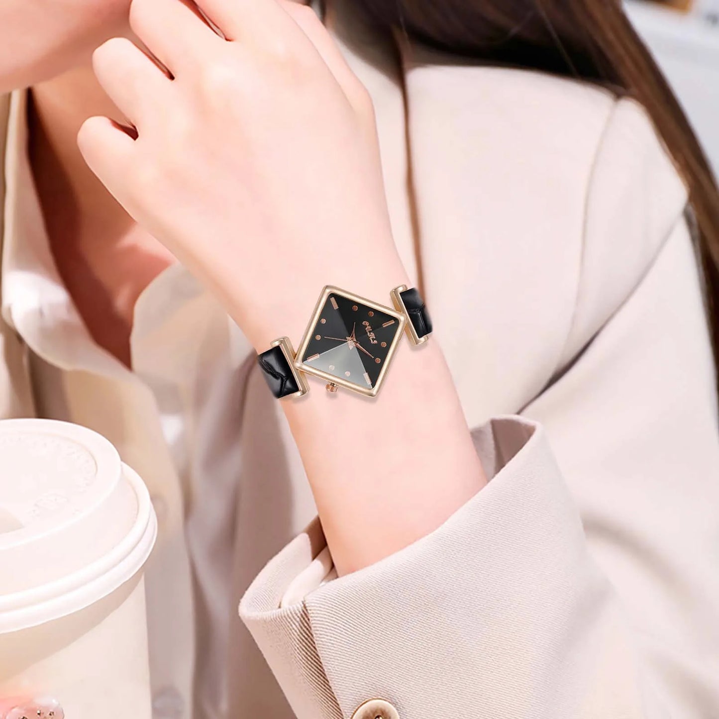 Women'S Casual Square Watch Diamond Glass Sugar Leather Band Simple Scale Luxury Quality Ladies Fashion Quartz Watch