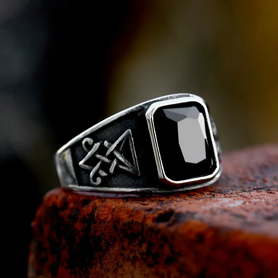 2024 New Updated Design Lucifer Satan Signet Ring For Men With Black Stone Stainless Steel Vintage Jewelry Gift Wholesale
