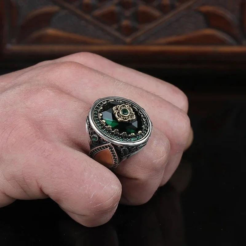 Vintage Hand Engraved Pattern Turkish Signet Ring for Men Fashion Set Green Stone Seal Islamic Muslim Jewelry