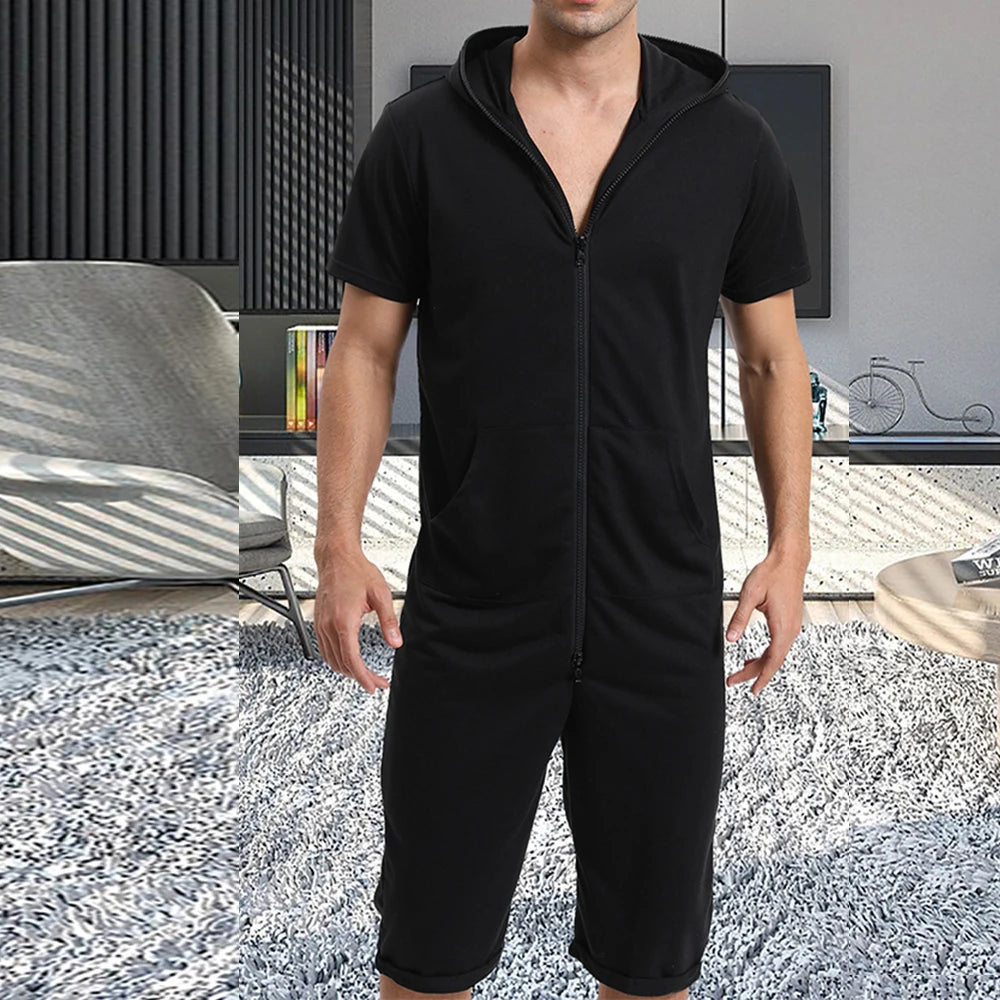 Men Short Sleeve Jumpsuit Sweatshirt Male Hoodies Zipper Overalls Bodysuit Rompers Short Pant Casual Home Wear Tracksuit Pajamas