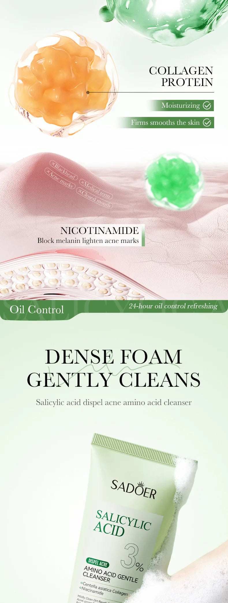 1/2pcs SADOER Salicylic Acid Facial Cleanser Face Wash Foam Face Cleanser Moisturizing Facial Cleansing Face Skin Care Products
