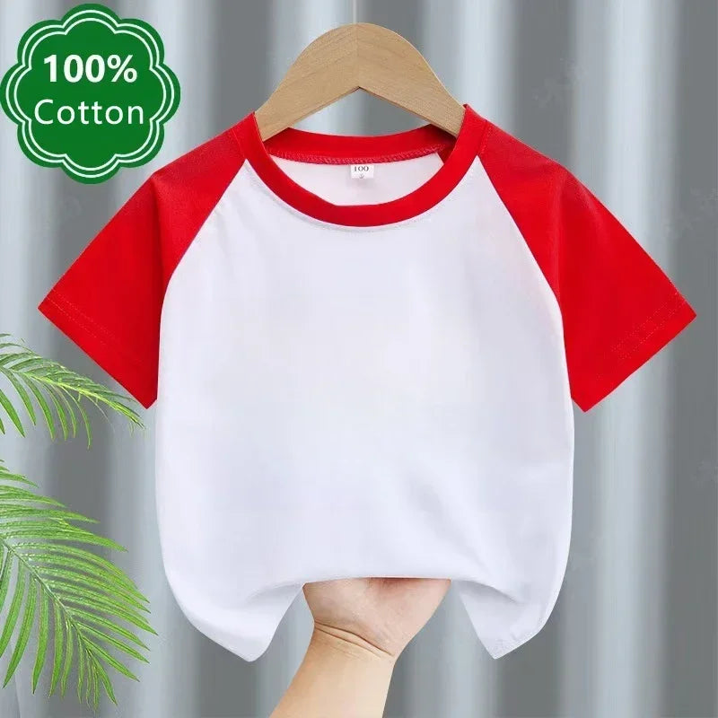 Kids T-shirt Summer Cotton Top Boys Girls Solid Color Blank T-shirt O Neck Round Neck Short Sleeve Pair of White Top T-shirt