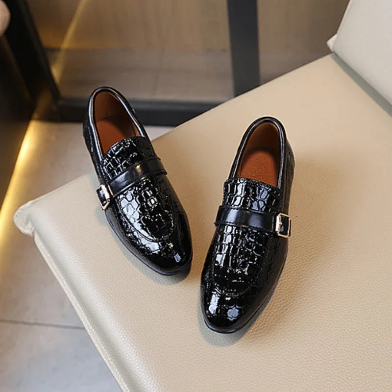 Kids Leather Shoe for Catwalk Fashion Boys Black Flats Pointed-toe Versatile School Uniform Children Performance Low-heels Shoes
