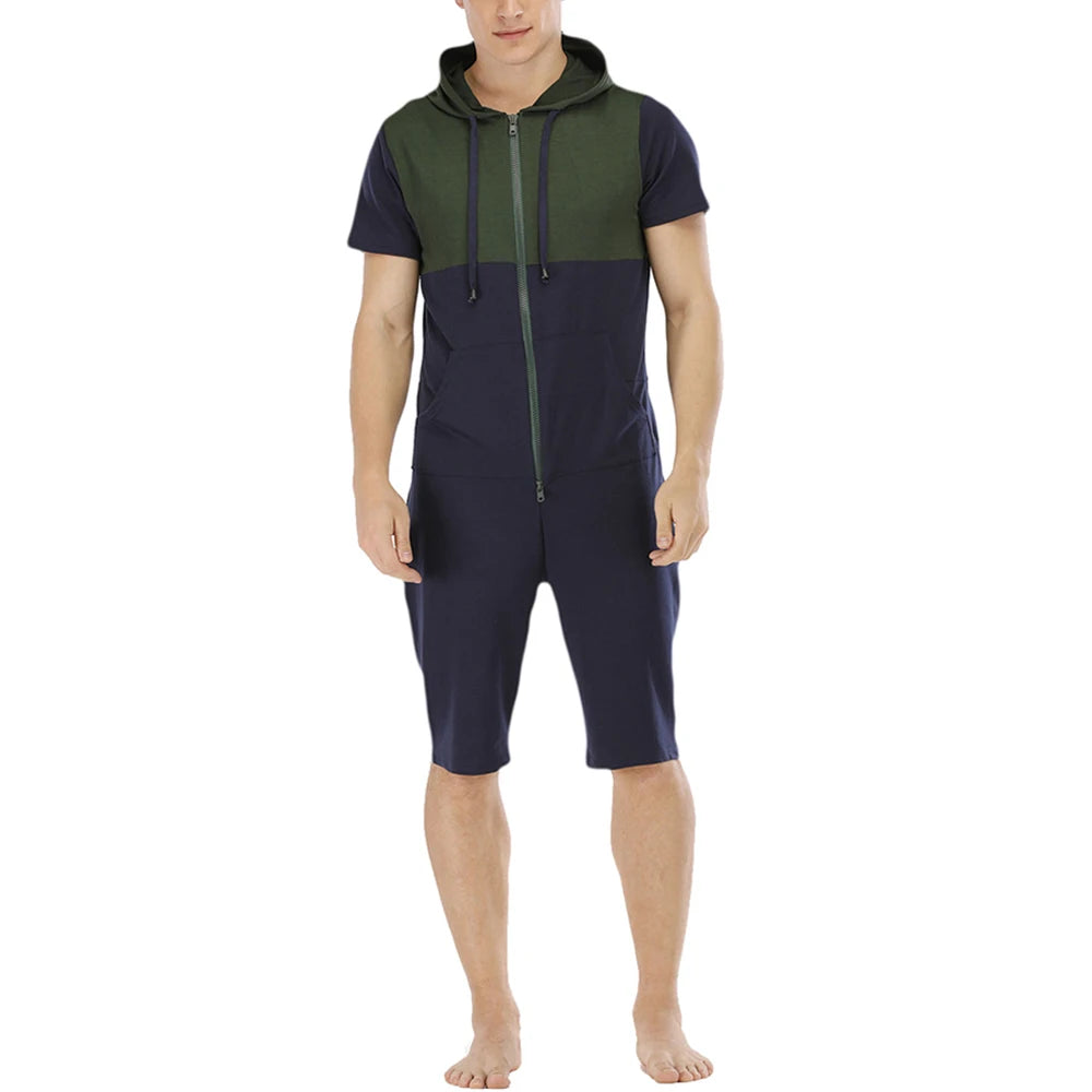 Men Short Sleeve Jumpsuit Sweatshirt Male Hoodies Zipper Overalls Bodysuit Rompers Short Pant Casual Home Wear Tracksuit Pajamas