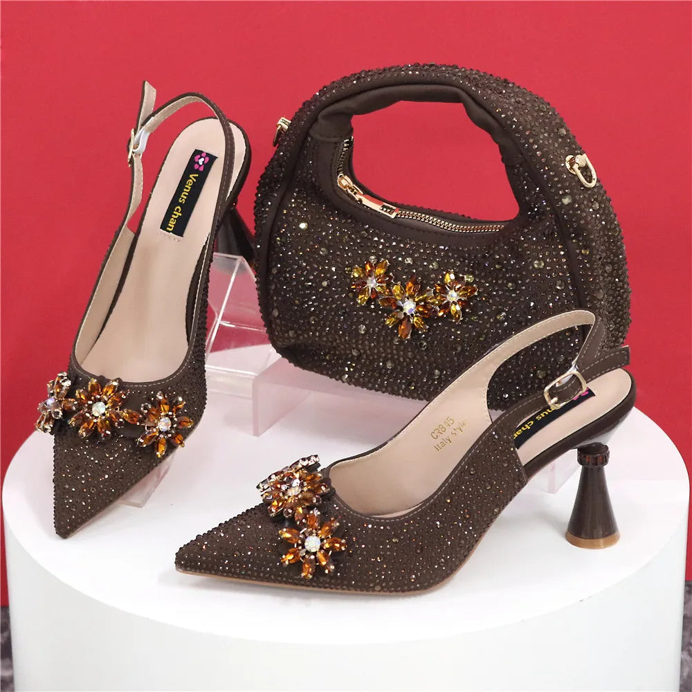 Popularity Pointed Toe High Heels Shoes and Bags Set With Rhinestone for Women Wedding Party Elegant Luxury Fashion