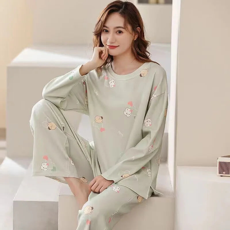 Women's Pajamas Two-Piece Casual Cute Comfortable Sleepwear Homewear Set Tops and Trousers Nightwear Lounge Wear Autumn Winter