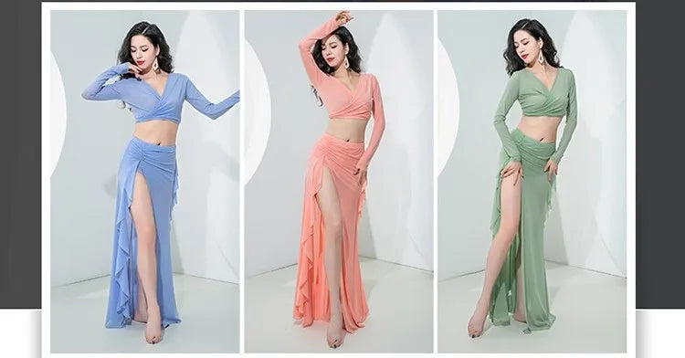 Women Oriental Dance Costume Dress 2 Piece Gauze Top Side Split Long Skirt Professional Dancer Performance Training Outfit New