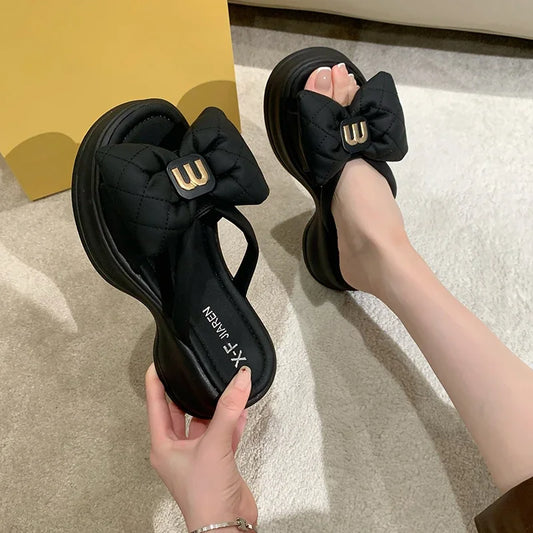 Women's Sandals New Korean Edition Casual Beach Shoes Versatile Thick Sole Shoes Bow Slippers Women's Outwear Summer