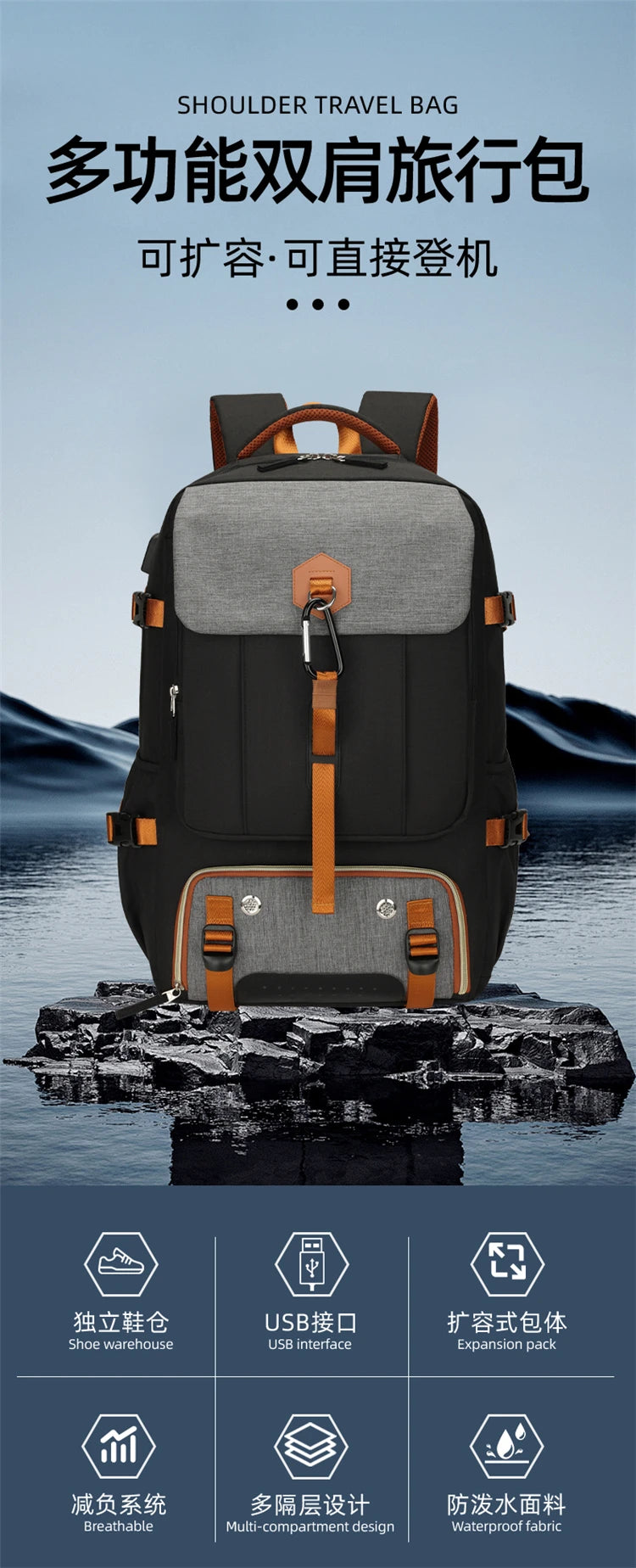 Backpack for men, large capacity travel bag, outdoor waterproof luggage bag, business trip hiking bag, student backpack, backpac