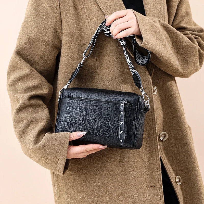 100% Cowhide 3 Layers Crossbody Shoulder Bag Luxury Genuine Leather Messenger Bag Fashion Daily Use For Women Wallet HandBag