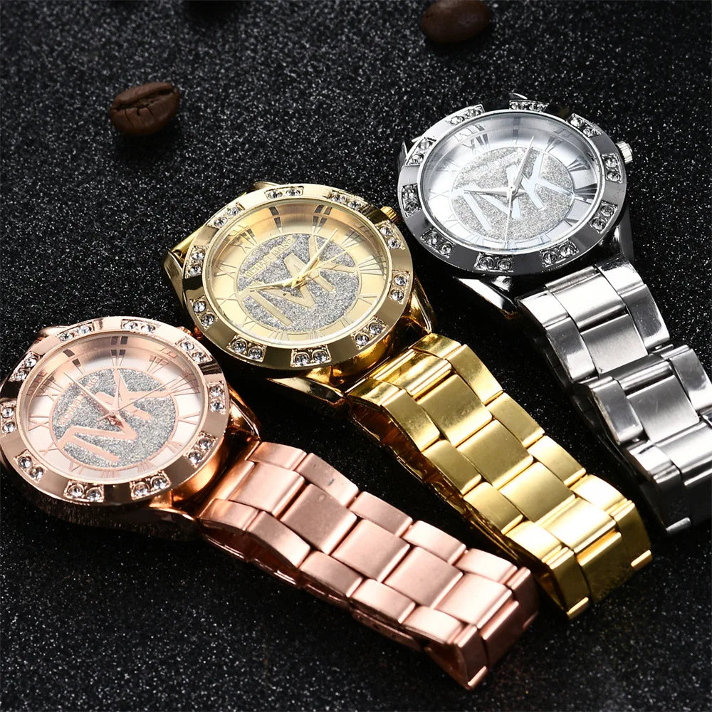 UTHAI Women's Diamond Set Quartz Watch For TVK Logo Fashion Stainless Steel Bracelet Gold Men Trendy Clock Watches