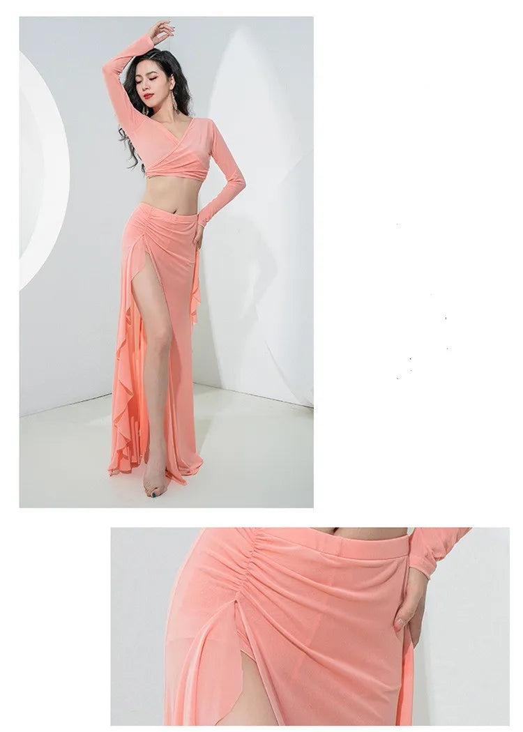 Women Oriental Dance Costume Dress 2 Piece Gauze Top Side Split Long Skirt Professional Dancer Performance Training Outfit New