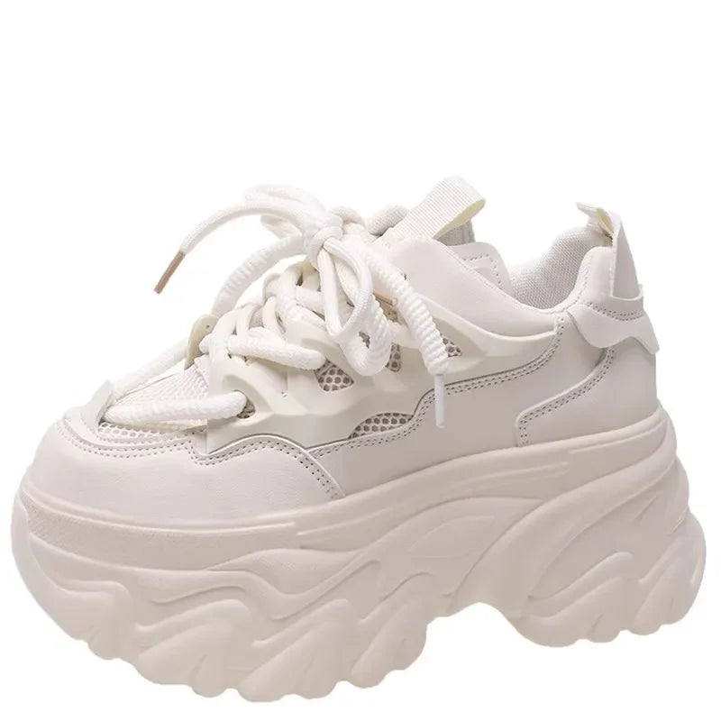 Hidden Heels White Chunky Sneakers Women Breathable Lace Up High Platform Shoes Woman 2025 Autumn Non-Slip Thick Bottom Sneakers