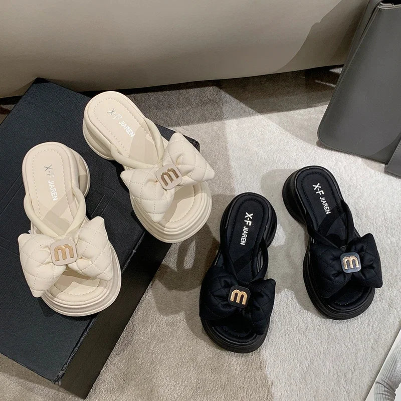 Women's Sandals New Korean Edition Casual Beach Shoes Versatile Thick Sole Shoes Bow Slippers Women's Outwear Summer