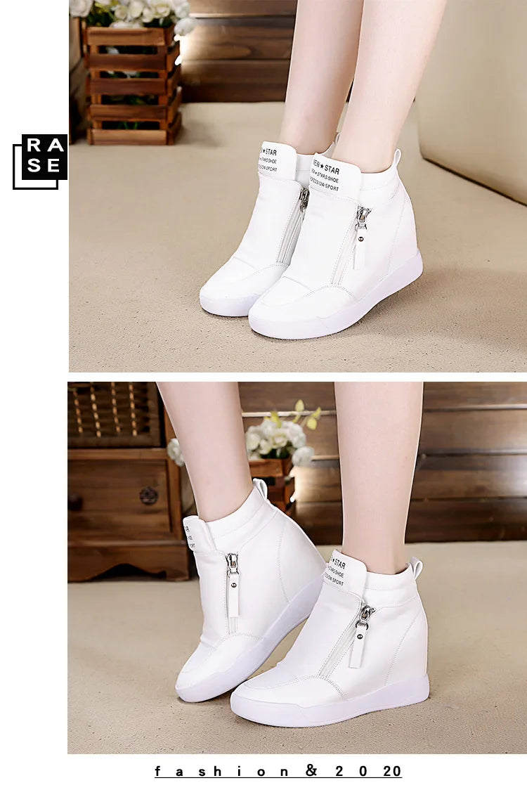 Women Casual Sneakers White PU Platform Shoes Ladies Wedge Sports Shoe Fashion Woman Black Chunky Side Zipper Vulcanized Shoes
