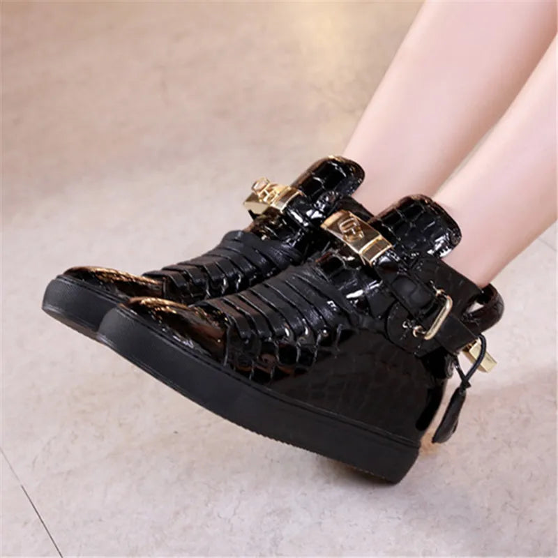 Unisex High-Top Leather Sneakers - Casual Running Shoes with Metal Details