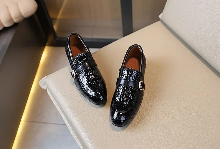 Kids Leather Shoe for Catwalk Fashion Boys Black Flats Pointed-toe Versatile School Uniform Children Performance Low-heels Shoes