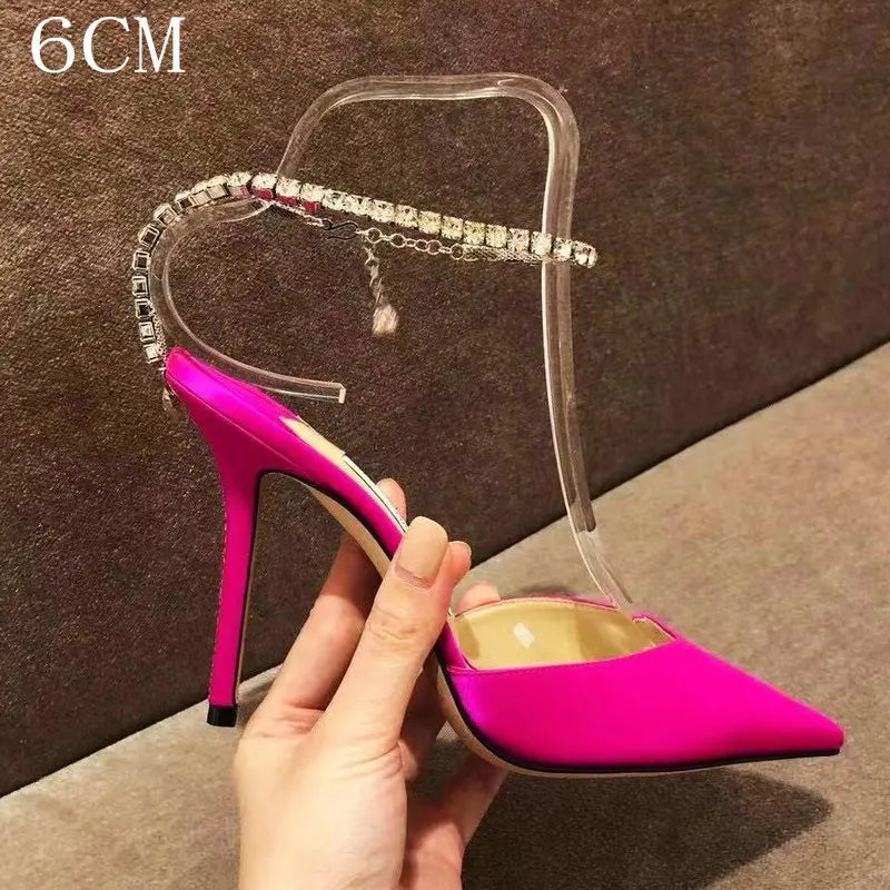 2025 Crystal Pendant White Wedding Shoes Bridesmaid Shoes One-Line Sandals Rhinestone Pointed Stiletto Satin Sexy Party Pumps