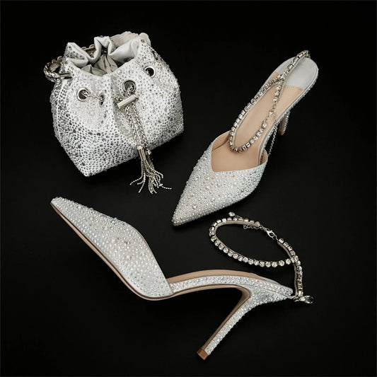 CHMURY Pointed Toe Rhinestone Heels and bag Set for Women Luxury Wedding Party
