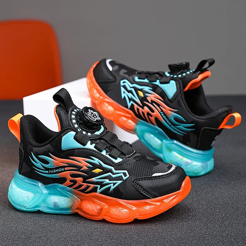Kids Sneakers Anti-skid Leather for Boys Orange Casual Children Shoes with Fashion Running Walking Lightweight Dragon Pattern