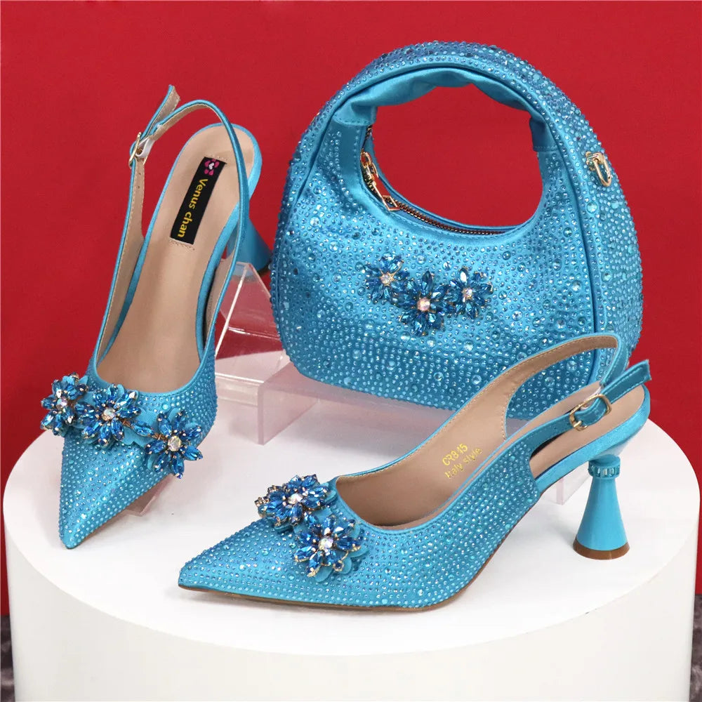Popularity Pointed Toe High Heels Shoes and Bags Set With Rhinestone for Women Wedding Party Elegant Luxury Fashion