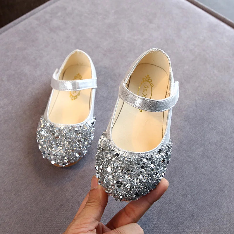 Spring and Autumn 2023 Girls' Sandals Low Heel Shallow Cut Sequin Princess Shoes Flat Shoes Pearl Decorative Kids' Shoes