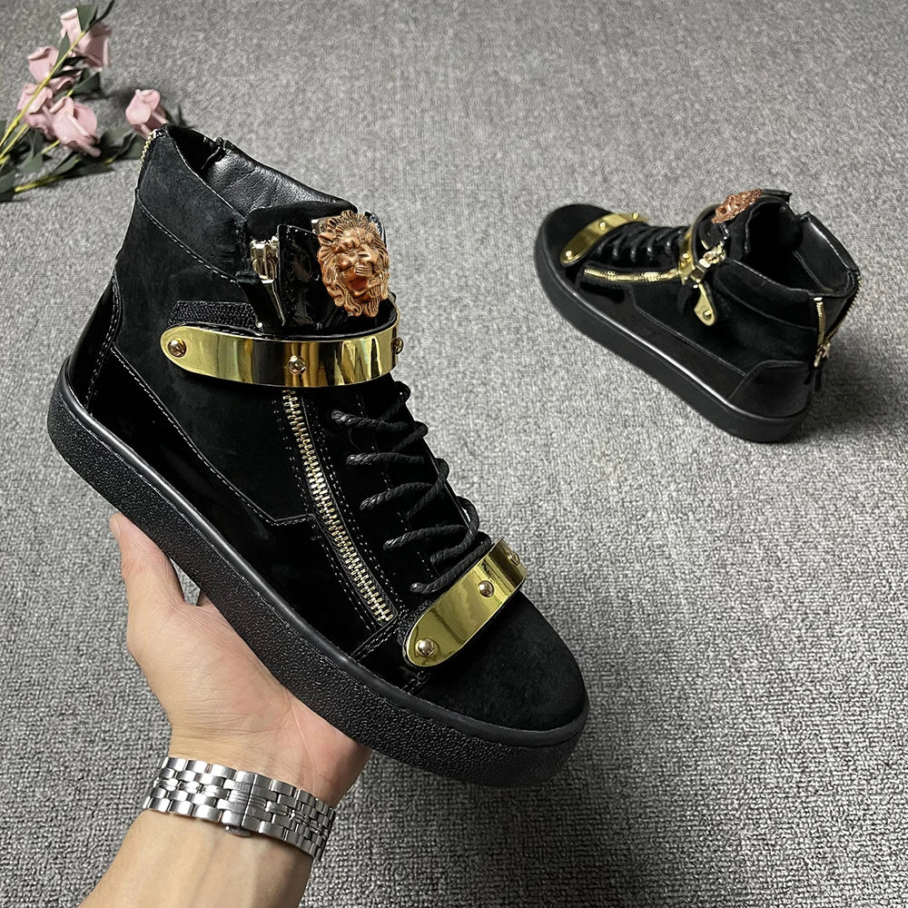 Men's High-Top Leather Casual Shoes - Designer Sneakers with Metal Buckle