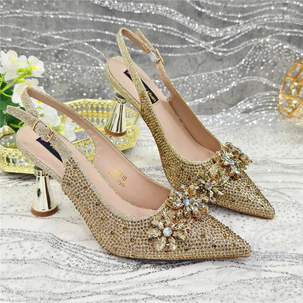 Popularity Pointed Toe High Heels Shoes and Bags Set With Rhinestone for Women Wedding Party Elegant Luxury Fashion