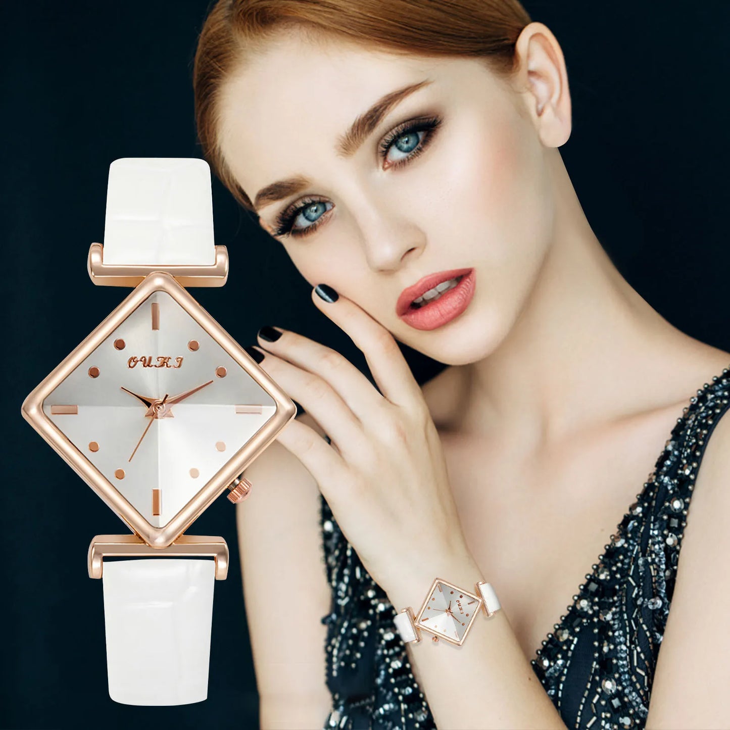 Women'S Casual Square Watch Diamond Glass Sugar Leather Band Simple Scale Luxury Quality Ladies Fashion Quartz Watch