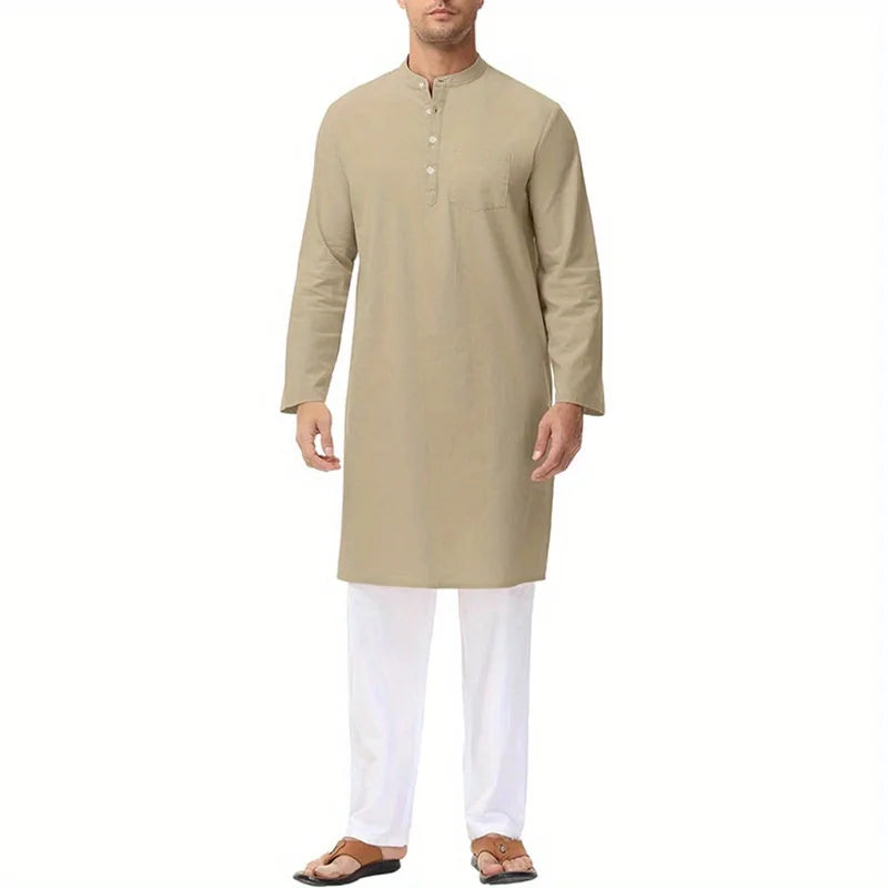 Inheritance of Ethnic Culture! Men's Long-Sleeve Thobe with Side Slits and Buttons, Classic Style of Traditional Ethnic Clothing