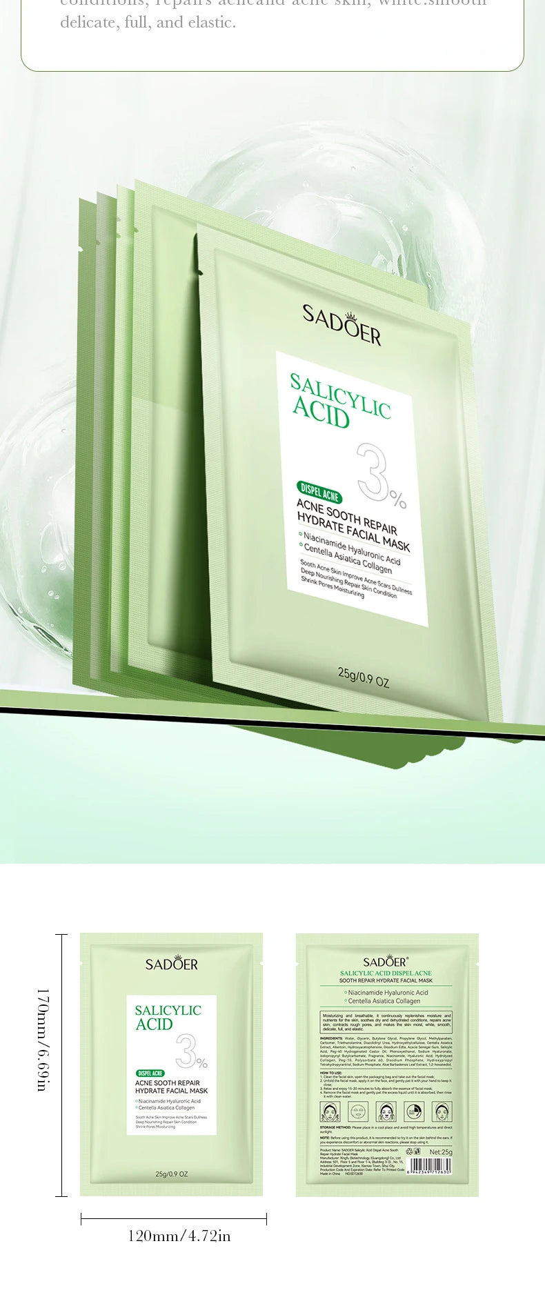 5/10pcs SADOER Salicylic Acid Face Mask Moisturizing Nourishing Firming Hydrating Facial Masks Face Sheet Mask Skin Care