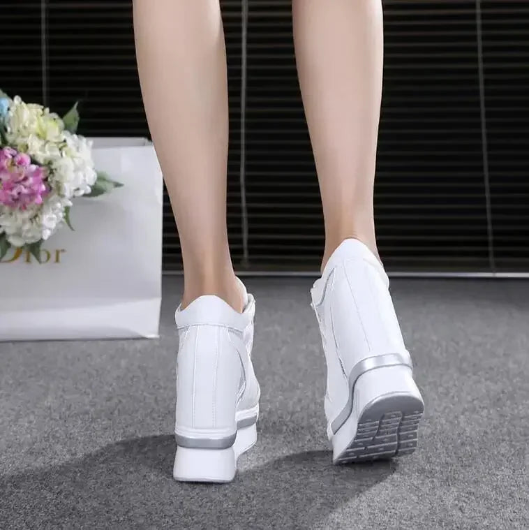 NEW Classic Women Mesh Platform Sneakers White Shoes 10CM High Heel Wedges Outdoor Breathable Casual Shoes Autumn Round Toe 2024