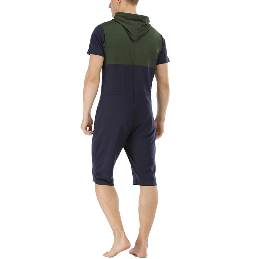 Men Short Sleeve Jumpsuit Sweatshirt Male Hoodies Zipper Overalls Bodysuit Rompers Short Pant Casual Home Wear Tracksuit Pajamas