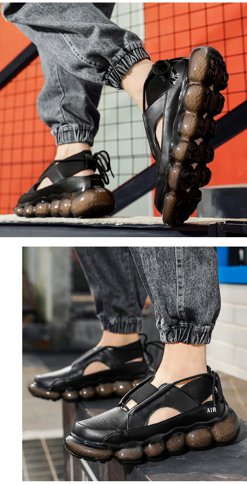 New popcorn cushioned soft sole coconut shoes low top casual sports shoes men's leather summer hollow fashion sandals