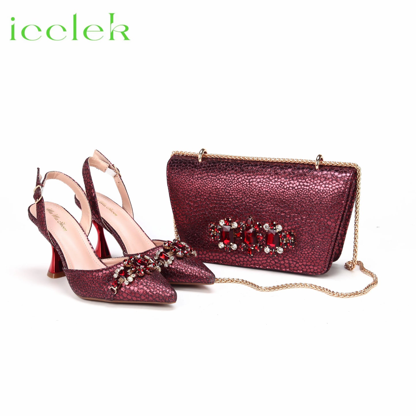 High Heels Shoes for Women Fashion Embroidery Rhinestone Italian Design Gold Color Pointed Toe Shoes and Bags Set