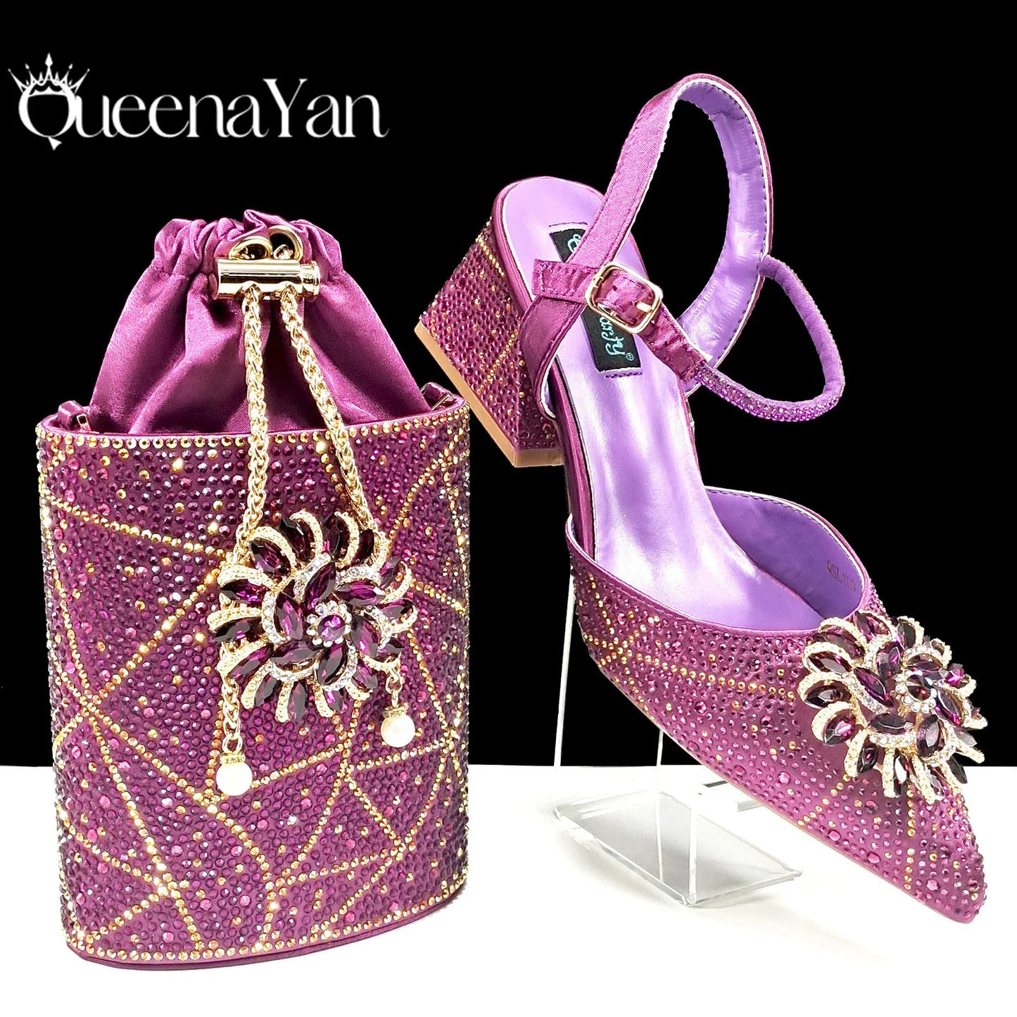 QueenaYan African Ladies Elegant Pointed Toe Shoes with shiny Metal Stand Bag Women Party Shoes or Commuting Shoes and Bag Set