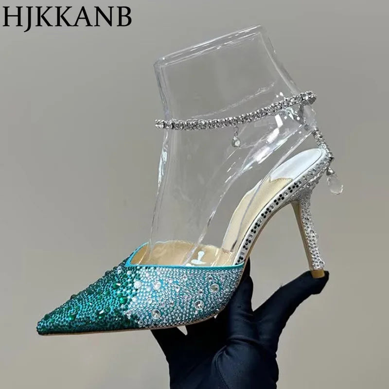 Pointed Toe Thin High Heel Pumps Women Ankle Strap Crystal Single Shoes Bling Rhinestone Sandals Sexy Spring Party Dress Shoes