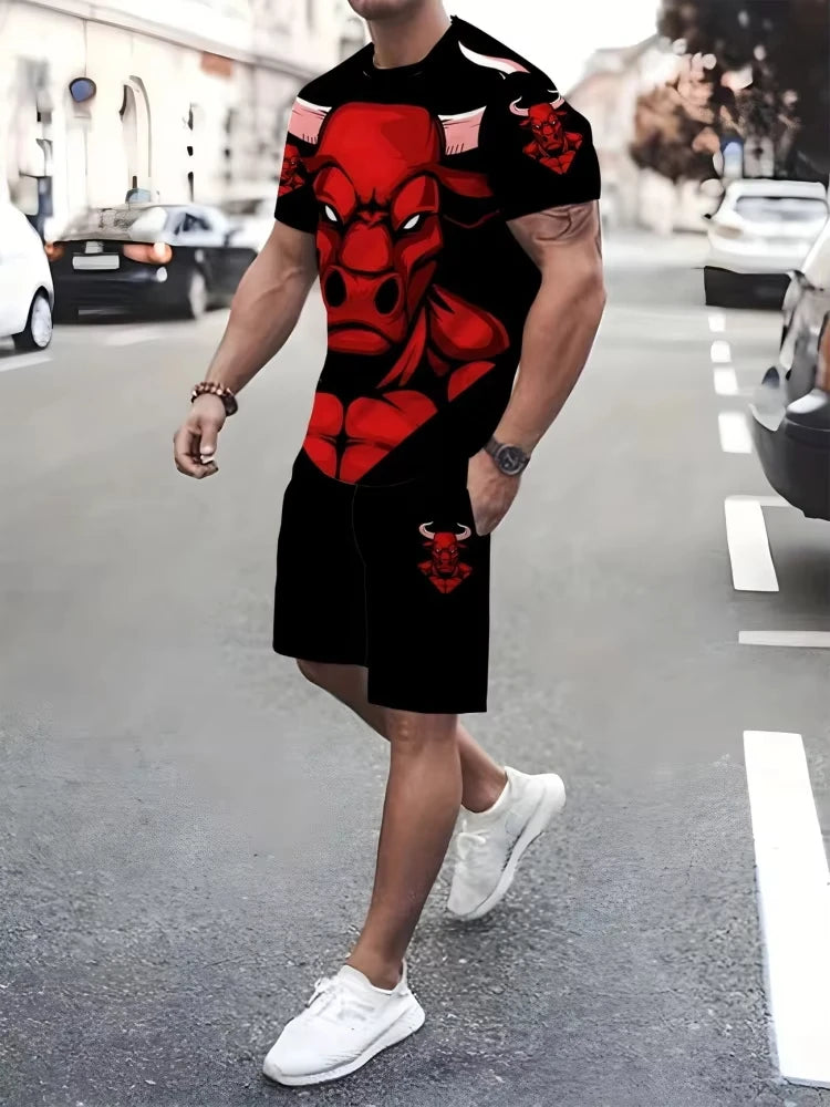 2025 Men's Short Sleeve Suit Creative Graffiti Print Outdoor Street Fashion Short Sleeve Top Shorts Casual T-shirt Two-Piece Set