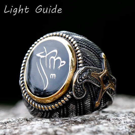 316L Stainless Steel Turkish Signet Ring Zircon Stone Ethnic Style Jewelry Black Size 9