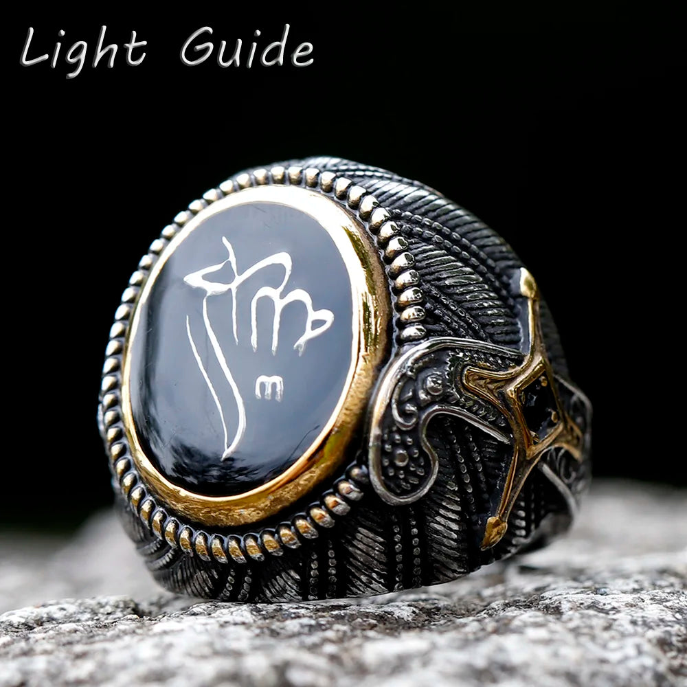 316L Stainless Steel Turkish Signet Ring Zircon Stone Ethnic Style Jewelry Black Size 9