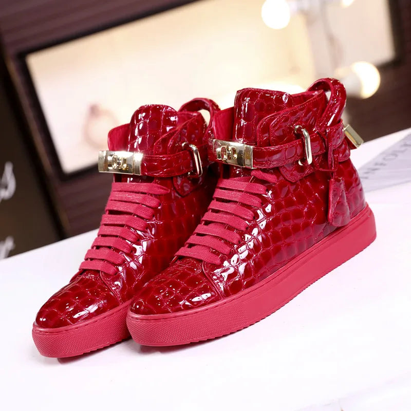 Unisex High-Top Leather Sneakers - Casual Running Shoes with Metal Details