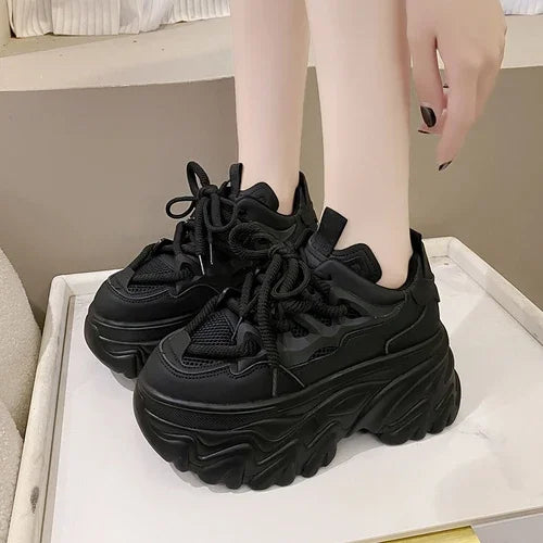 Hidden Heels White Chunky Sneakers Women Breathable Lace Up High Platform Shoes Woman 2025 Autumn Non-Slip Thick Bottom Sneakers